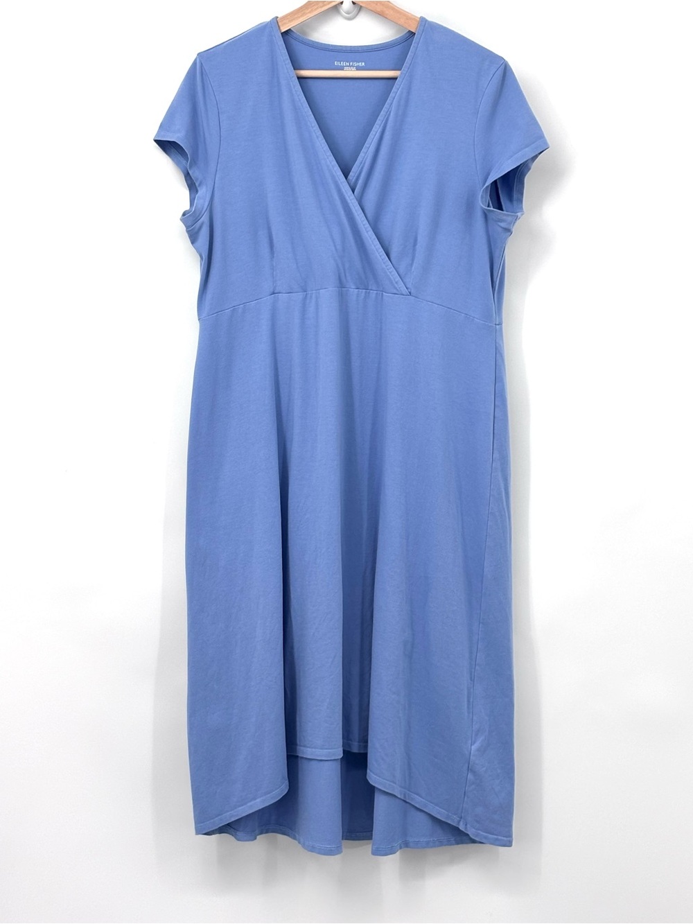 Eileen Fisher Blue faux wrap organic Cotton empire waist midi jersey dress Large